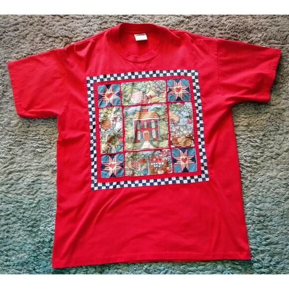 Vintage 1990s Oneita Power 50 Plus Red Country Quilt Made in USA Mens XL Shirt - Picture 2 of 5